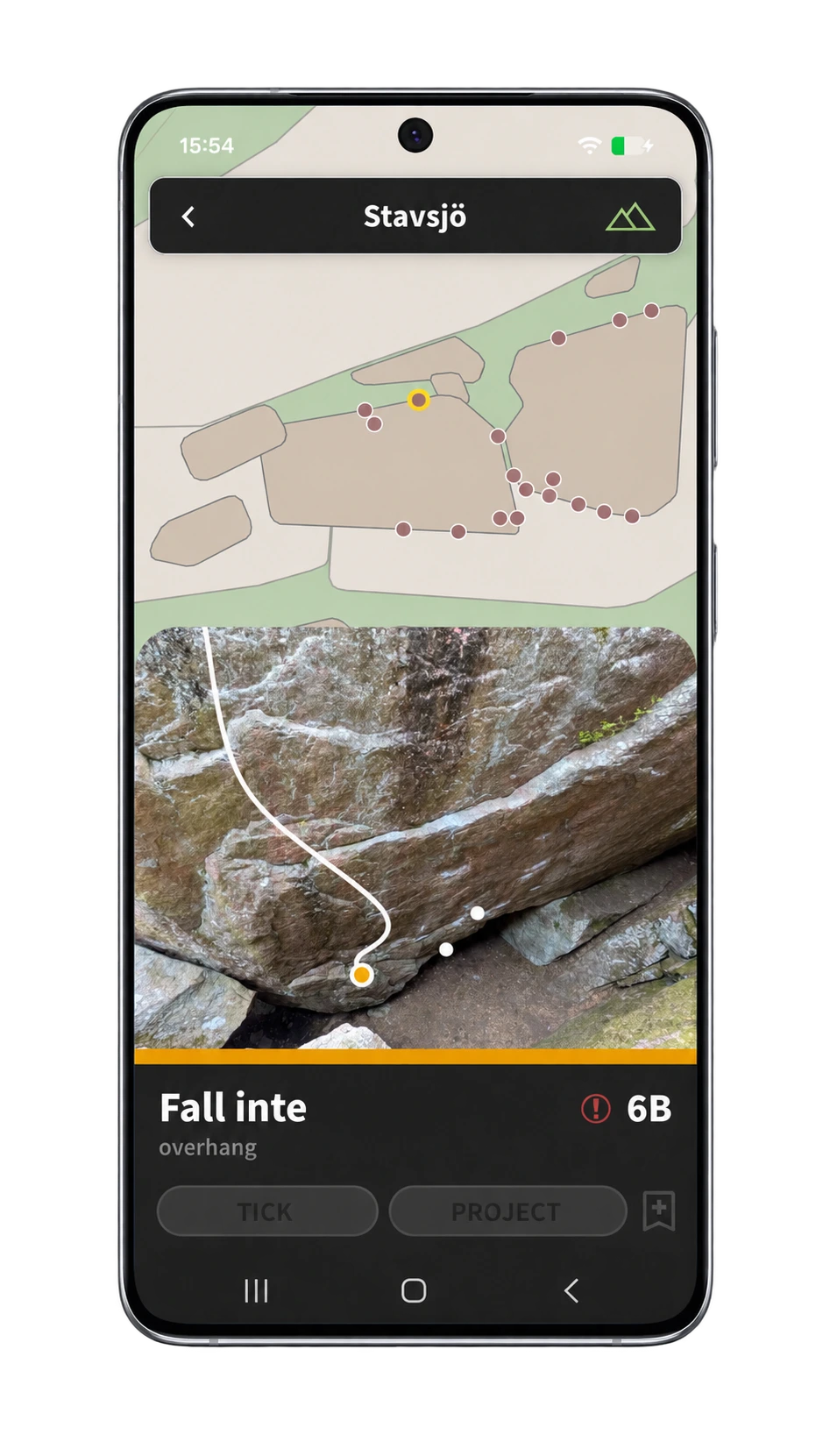 BlocShop showing the Fall inte problem, its map location and photo topo on a Galaxy phone